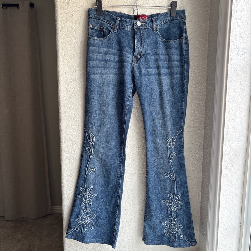 Womens Y2K‎ 9 Flare Jeans Floral Embroidered Rhinestone Blue Denim Boho